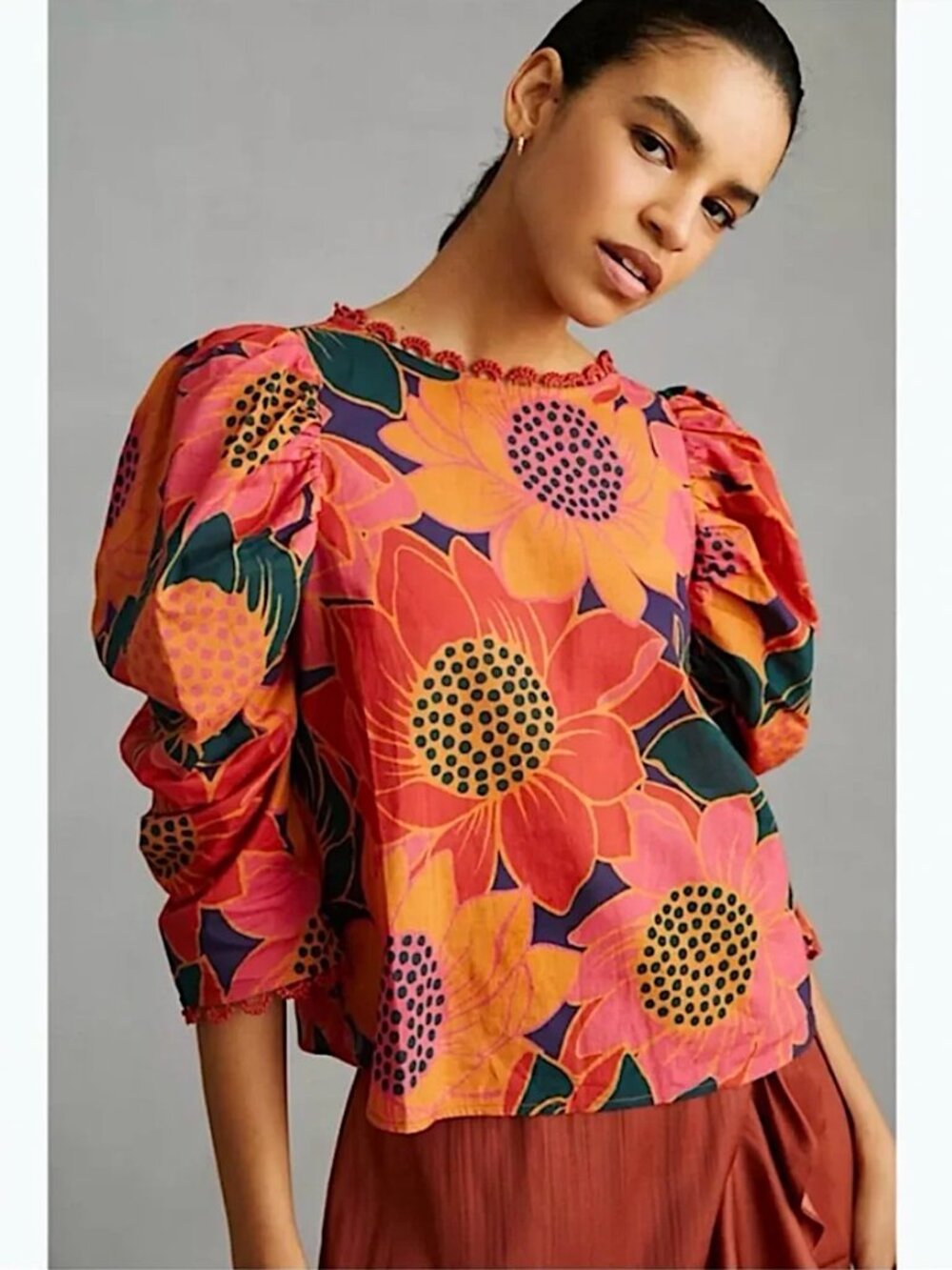 FARM Rio Floral Puff Sleeve Cropped Cotton Blouse Top Size S Multicolor Boho